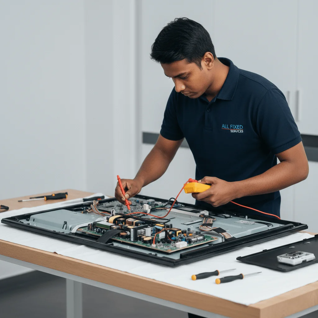 TV repair near me — expert technician fixing LED TV at Riyadh Electronics Uttara Dhaka