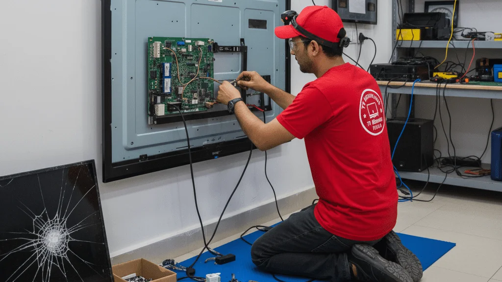 TV repair Uttara — technician fixing LED TV at Riyadh Electronics Bashundhara